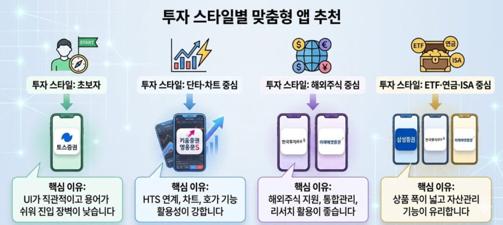 투자 스타일별 주식투자 앱 추천 다이어그램