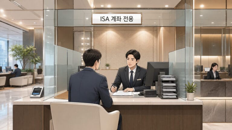 증권사 상담 데스크에서 ISA 계좌 개설 상담을 받고 있는 남성투자자