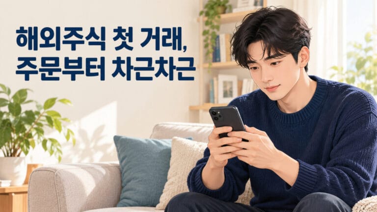 한 청년이 쇼파에 앉아 스마트폰으로 해외주식 투자 방법을 보고 있다.