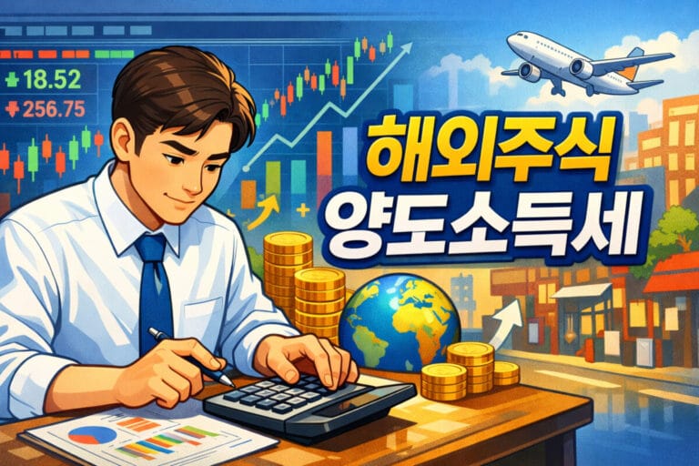 해외주식 양도소득세를 계산하고 있는 남자 일러스트