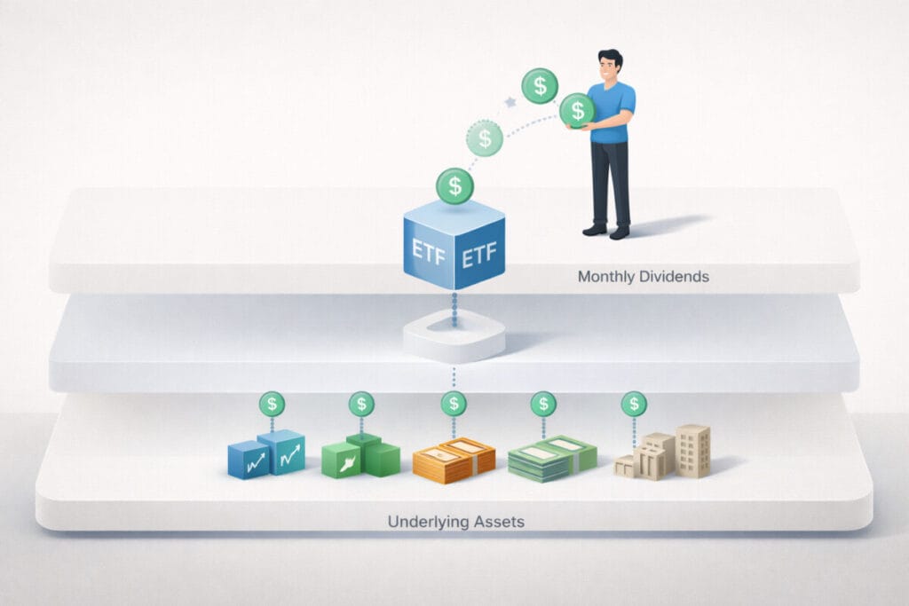 기초자산과 투자자를 연결하는 월배당 ETF 구조