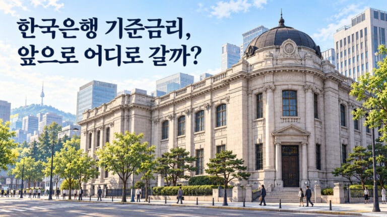 한국은행 건물 전경이 보이고 '한국은행 기준금리 2026 전망, 앞으로 어디로 갈까?'라는 텍스트가 있다.