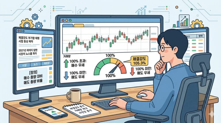 모니터 화면에서 체결강도 보는법을 통해 체크하고 있는 남성 투자자 일러스트