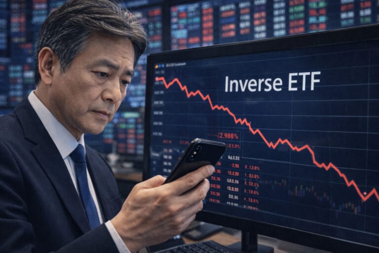 주식 거래소의 모니터에 인버스 ETF 그래프가 보이고 그 앞에서 중년의 남성이 스마트폰을 보고있다
