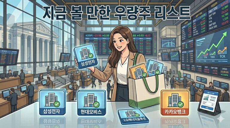 우량주 리스트 포함 종목을 쇼핑하듯 담고 있는 여성 투자자의 모습 일러스트