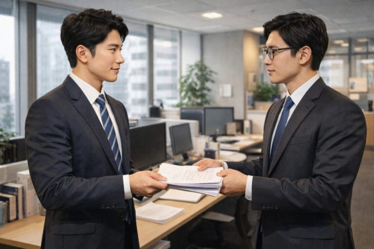 공모주 환매청구권 메인 이미지-남성 2명이 서류를 주고받는 모습