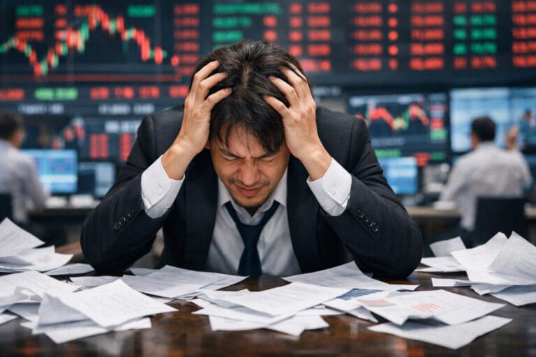 상장폐지 리스크 체크리스트 메인 이미지-주식창 앞에서 한 남성이 머리를 잡고 괴로워하고 있다