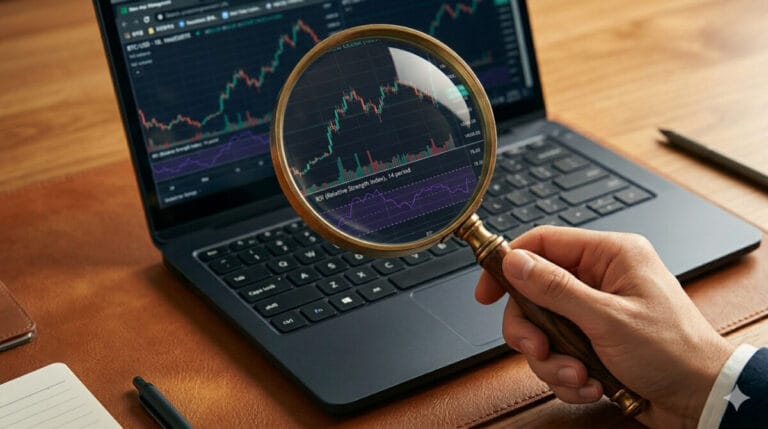 노트북에서 RSI 지표를 돋보기로 보고있는 사람의 손이 보인다