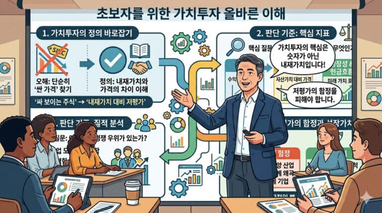 가치투자 강의를 하고 있는 강사와 학생들 일러스트