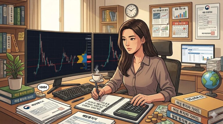 매물대 지표 보고있는 여성 투자자 일러스트