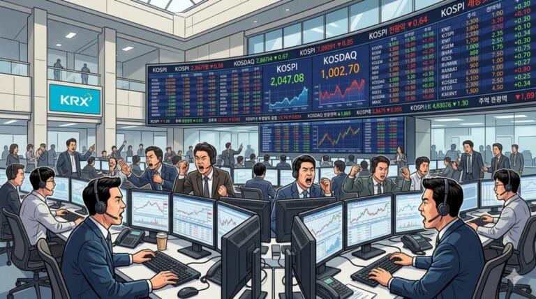 시간외 거래를 하고 있는 딜러들의 모습 일러스트