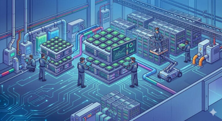 AI 데이터센터에서 관리하는 사람들 일러스트