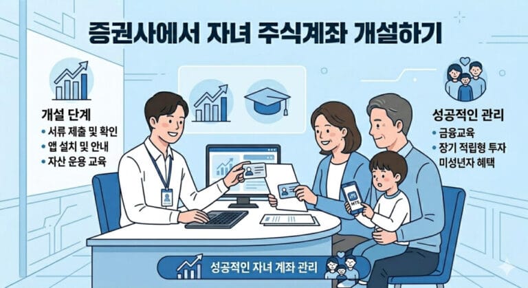자녀 주식계좌 만들기 썸네일로 부모와 아이가 증권사 상담원과 상담하는 모습 일러스트