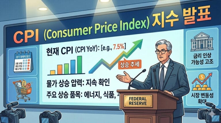 CPI 지수를 발표하는 파월의장의 모습 일러스트. 배경에는 CPI 지수와 그래프가 보인다.