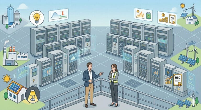 ESS 관련주 기업에 투자하기 위해 설비를 보고 있는 남자와 여자 일러스트