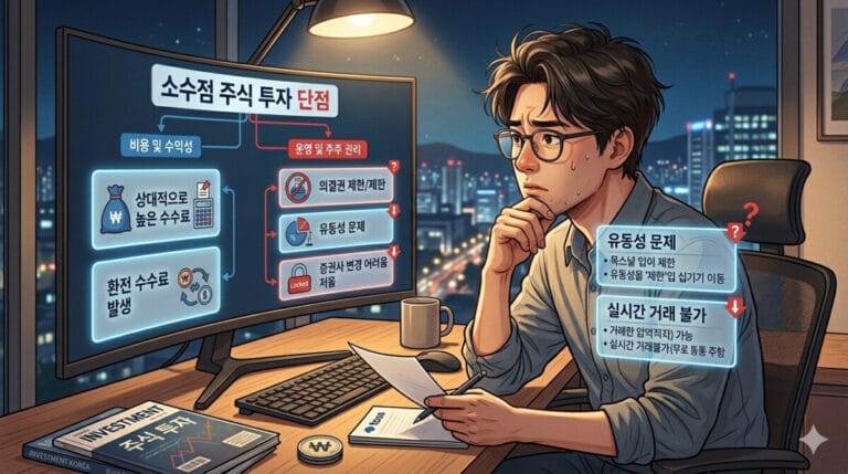 소수점 주식 단점으로 고민하는 투자자의 모습 일러스트