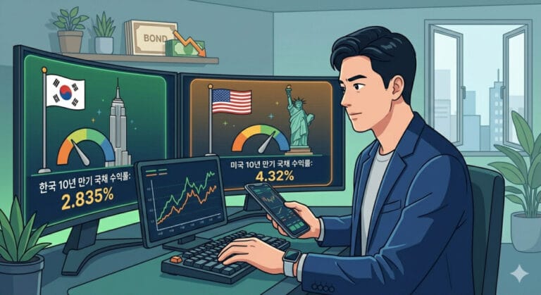 한국과 미국 국채 투자 수익률을 비교하는 남성 일러스트