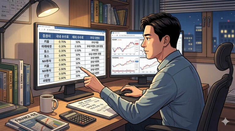 국내 증권사 수수료 비교하는 남성 일러스트