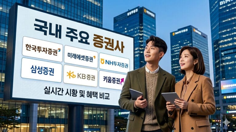 국내 증권사 순위 썸네일. 전광판에 국내 대표 증권사 로고가 있고 남녀가 바라보고있다.