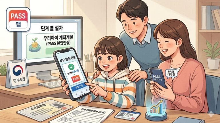 자녀와 함께 미성년자 주식계좌 만들기 진행하는 부모의 모습 일러스트