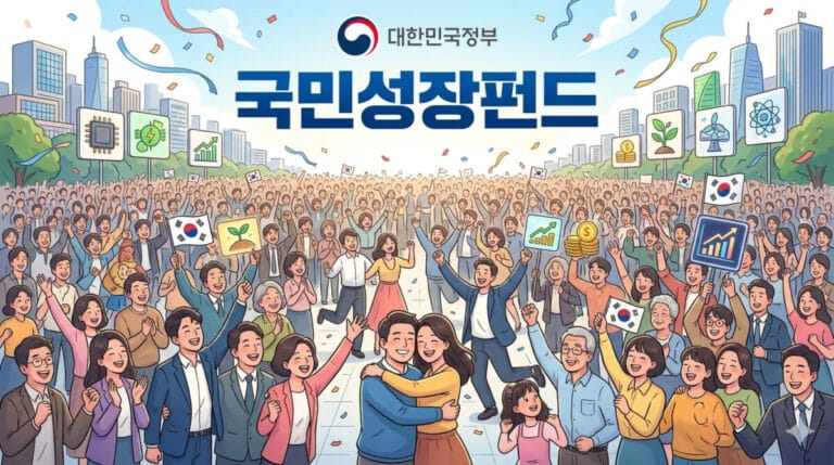 국민 성장펀드 투자로 즐거워하는 국민들 일러스트