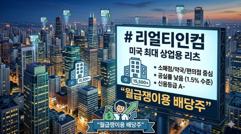 리얼티인컴 썸네일로 수많은 빌딩 사이로 리얼티인컴 전광판이 보인다