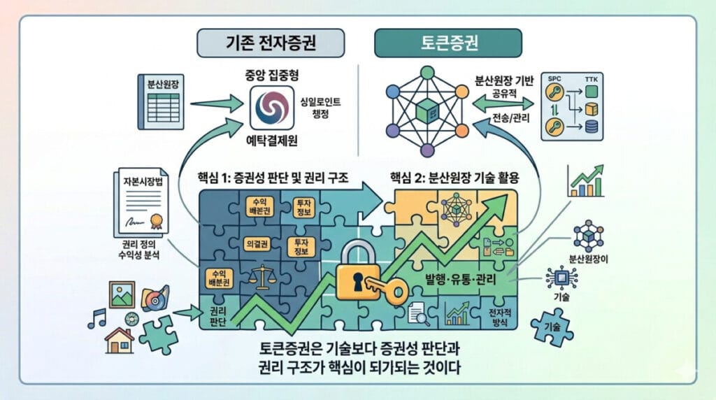 기존 전자증권과 토큰증권 차이를 설명하는 다이어그램