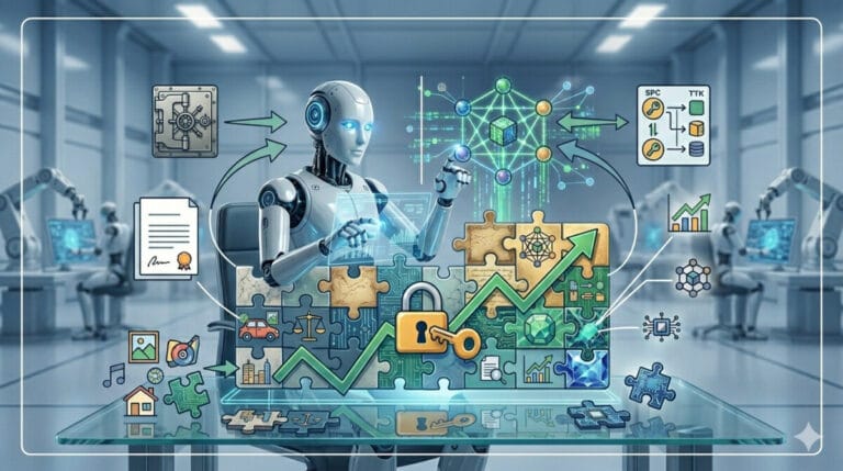 토큰증권 썸네일. 로봇이 토큰증권 투자를 하고 있는 일러스트