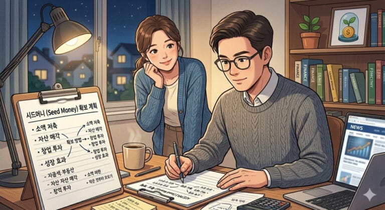 시드머니 뜻을 적으면서 준비하고 있는 부부의 모습 일러스트