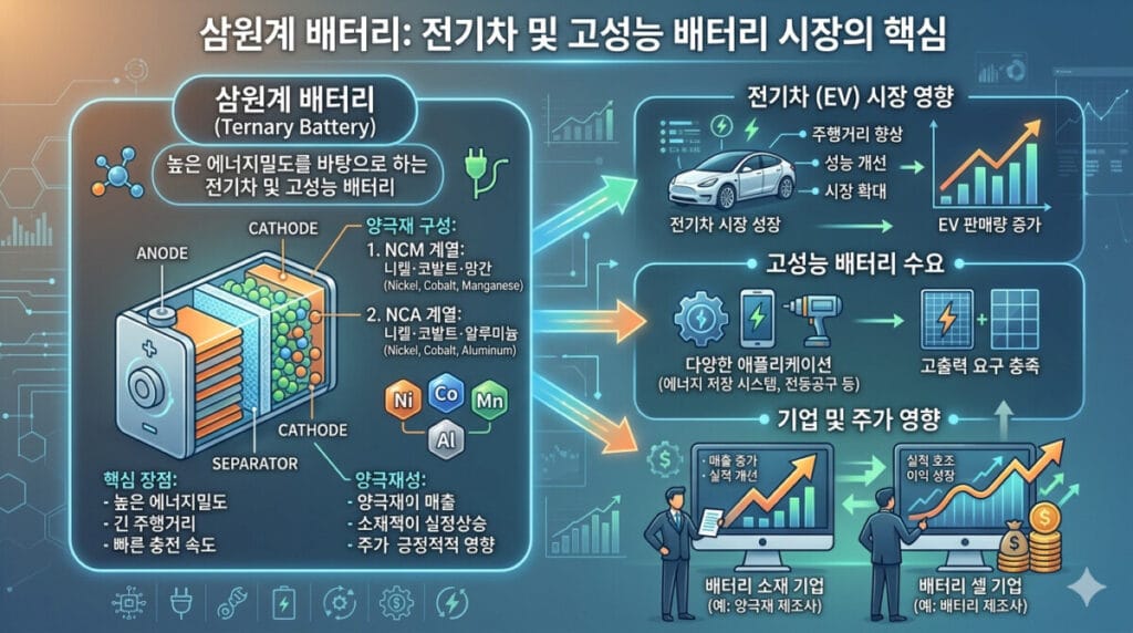 삼원계 배터리 기업 및 주가 영향과 전기차 시장 영향 다이어그램