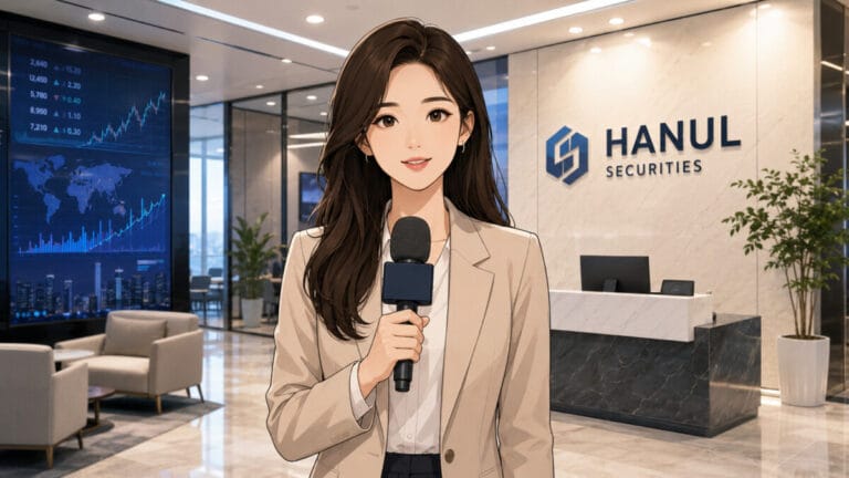 증권사 리포트 보는 곳 중 한 증권사 앞에서 리포터가 발표를 하고 있다