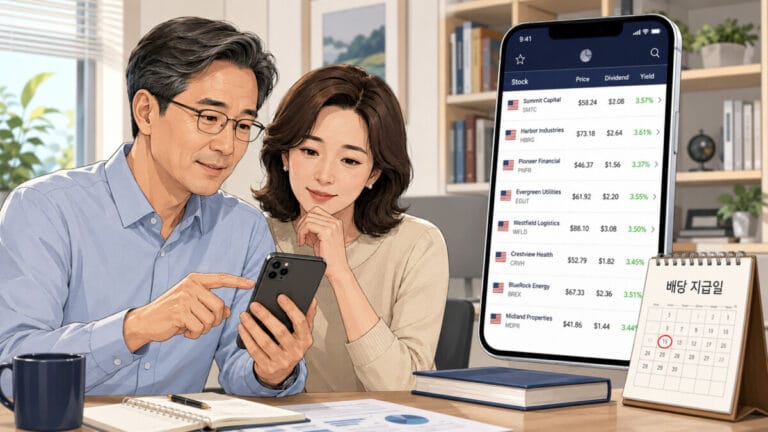 스마트폰에서 배당수익률 순위 확인하고 있는 중년의 부부