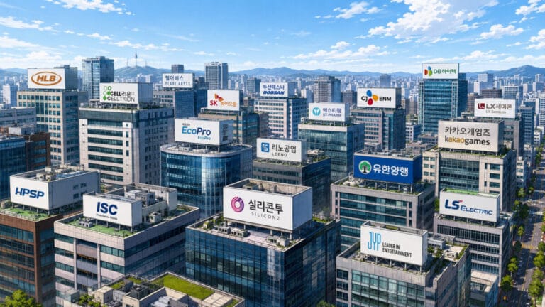 성장주 추천 기업들의 로고가 건물 옥상에 걸려있는 모습