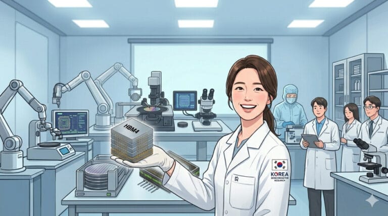 반도체 연구실에서 HBM4 연구하는 연구자의 모습 일러스트