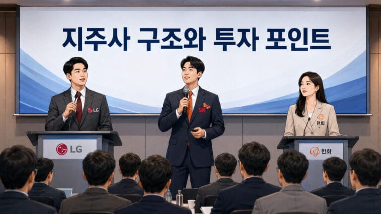 지주사 관련주 투자 포인트를 설명하는 지주사 관계자들이 강단에 서있다