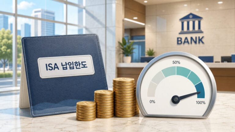 ISA 납입한도라고 적힌 통장과 동전이 책상위에 올려져 있고, 그 옆으로 게이지가 보인다. 배경은 은행이다.