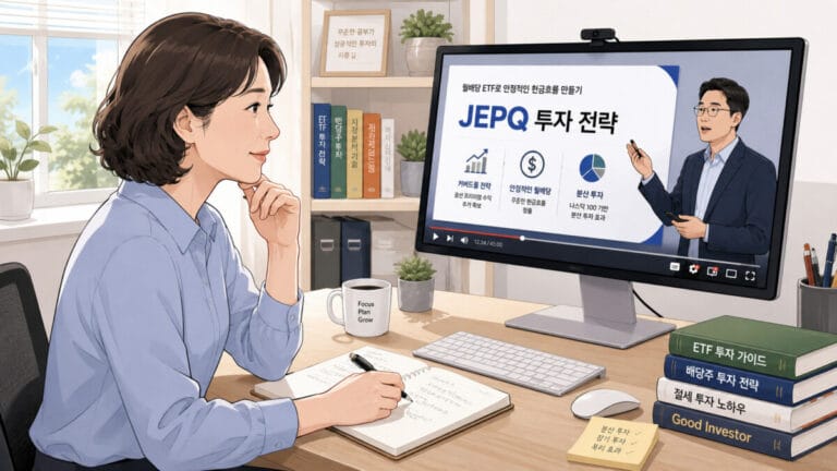 JEPQ 주가 투자 전략을 컴퓨터 강의로 듣고 있는 여성 투자자