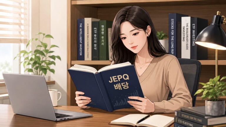 JEPQ 배당 관련 책을 보고 있는 여성 투자자의 모습