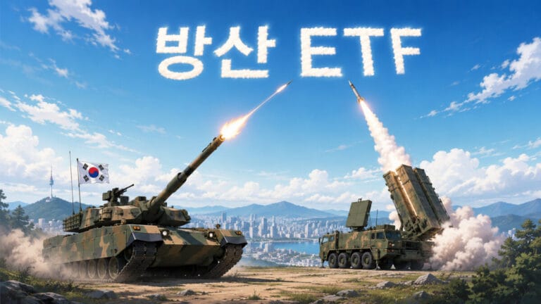 하늘에 방산 ETF 텍스트가 있고 이를 향해 발사하고 있는 K전차와 천궁