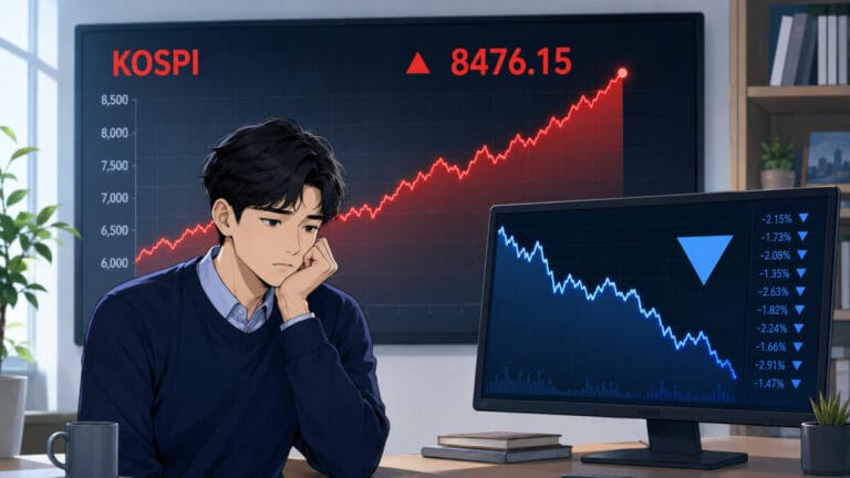 코스피 종목 양극화로 한 남성이 자신의 하락한 주식 그래프를 보면서 실망하는 모습