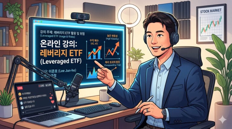 레버리지 ETF 강의하고 있는 강사의 모습 일러스트
