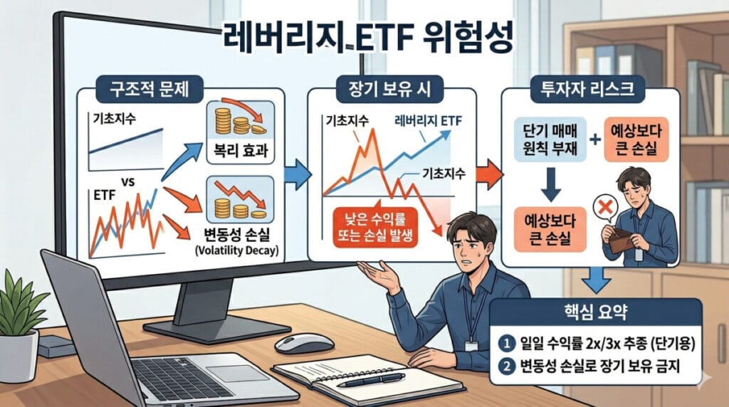 레버리지 ETF 위험성을 설명하는 인포그래픽