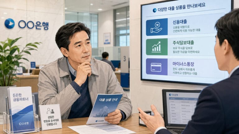 빚투를 하기 위해 은행에서 상담하는 중년의 남성