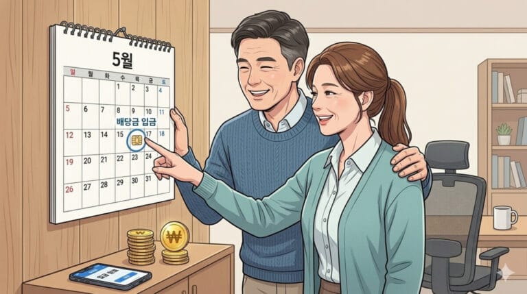 배당금으로 먹고살기 실행하고 있는 중년부부가 달력의 배당일을 보고 흐뭇해하고 있다