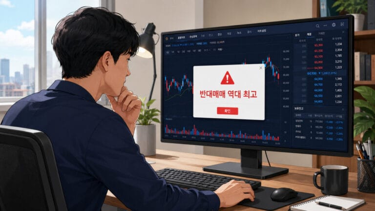 한 남성 투자자의 PC화면에 반대매매 경고창 팝업이 떠있다