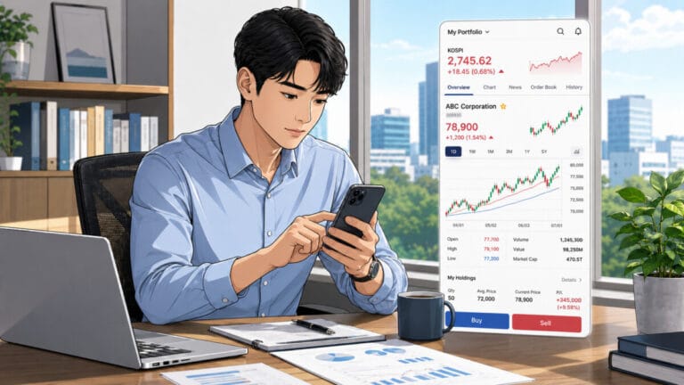 책상에 앉아서 모의투자 앱으로 거래 연습을 하고 있는 투자자