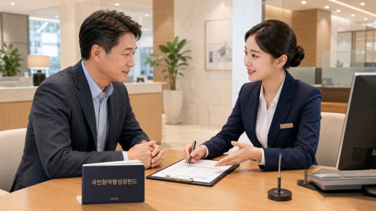 국민참여성장펀드 소득공제 혜택을 설명듣고 있는 남성과 은행 여직원