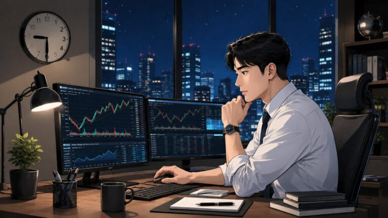 사무실에서 야간 선물 지수 확인하는 남성 투자자