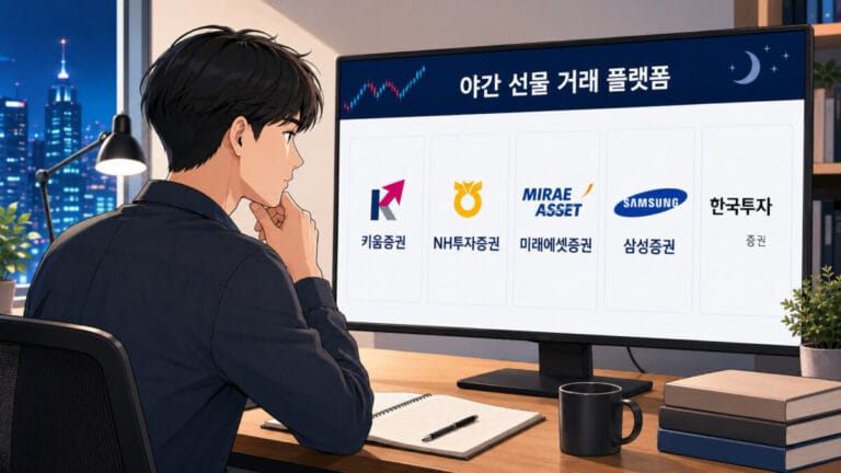 PC 모니터에서 야간 선물 사이트 추천 플랫폼을 보고있는 남성 투자자
