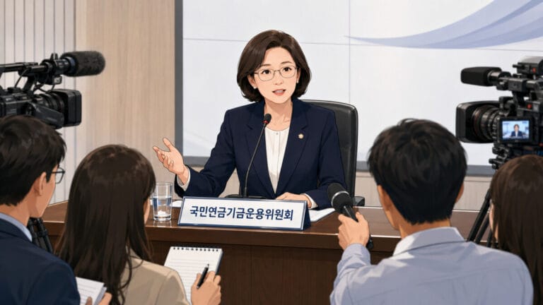 국민연금 국내주식 비중 관련 인터뷰를 하고 있는 여성 담당자 앞에 기자들이 질문을 하고 있다